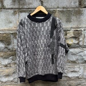 Vintage abstract chunky sweater with leather accents artist 80s funky